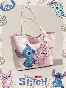 Miniso Disney Stitch & Angel 粉色紮染帆布托特包，休閒手提肩背包，適合日常使用 - 白色 - 查看 4