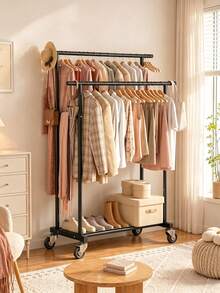 Double Rod Rolling Clothes Rack, Thickened Metal Frame, Double Hanging Rods, Movable With Bottom Universal Wheels, Simple Garment Storage Hanger For Home Bedroom Balcony - Multicolor - View 1