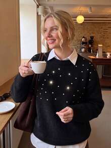 Women's Rhinestone Polka Dot Decor Plush Knit Crew Neck Loose Long Sleeve Sweater, Suitable For Back To School, Commuting, Daily Autumn Wear - Black - View 1