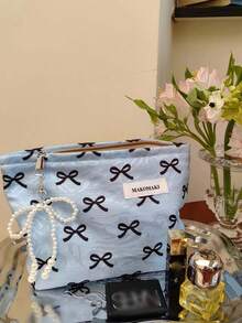 1pc Blue Bow Makeup Bag, Foldable Large Capacity Cosmetic Storage Bag With Smooth Zipper, Portable Personalized Toiletry Bag, Cool Aesthetic Design Storage Bag, Perfect For Autumn/Winter Style, Gift For Girlfriend, Bride, Bridesmaid - Blue Bow - 1pcs (No Pendant) - View 4