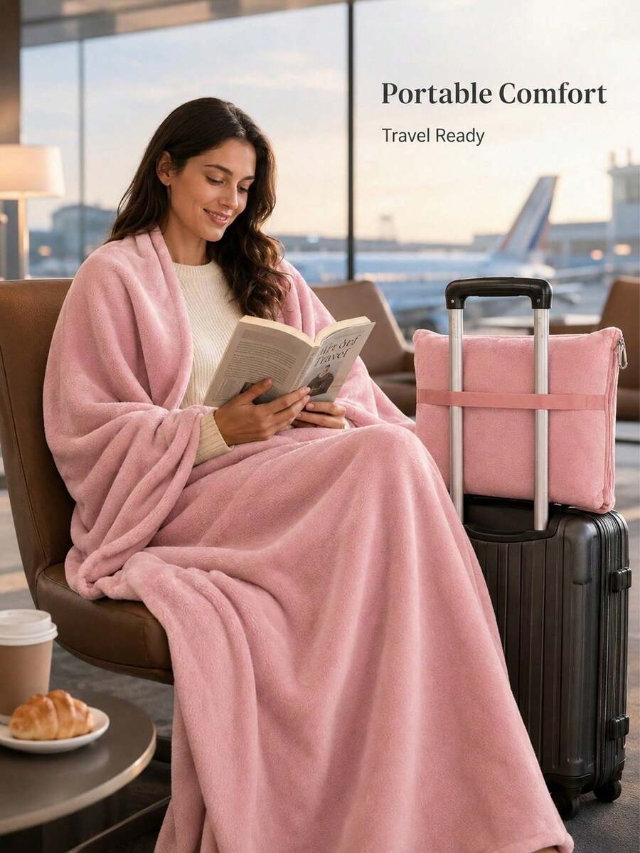 1件 2合1旅行毯枕,可攜式可拆卸柔軟抓絨飛機毯,附緊湊拉鍊收納袋,舒適保暖可折疊毯 - 彩色 - 查看 1