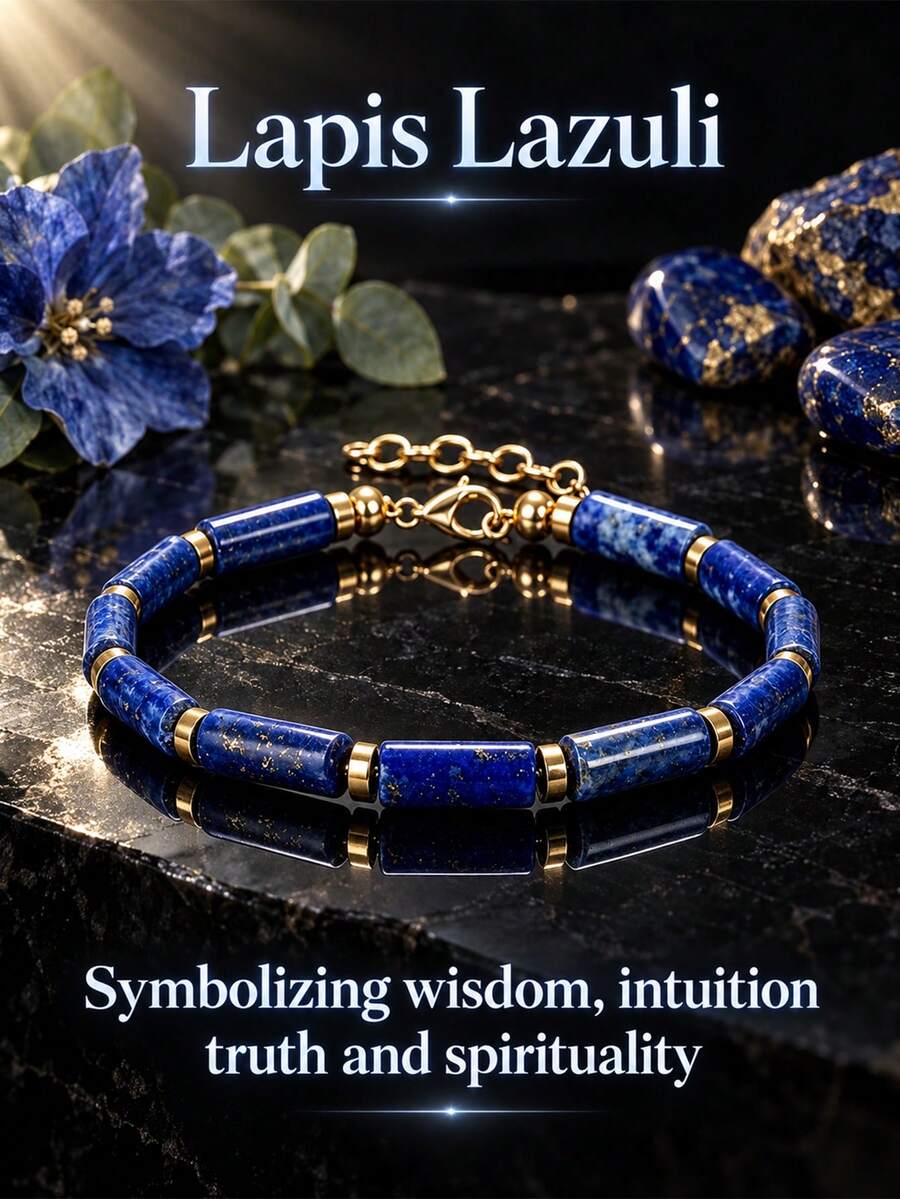 Lapis Lazuli Tube Bead Bracelet, Adjustable Gold Chain Natural Stone Bracelet, Symbolizing Wisdom, Intuition, Truth And Spirituality, Unisex Jewelry Gift - Multicolor - View 1