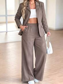 LUNNELUX Women Fall Solid 2 Pieces Lapel Single Button Blazer & High Waist Wide Leg Pants Set, Elegant Office Streetwear 2 Pieces Outfits - Brown - View 1