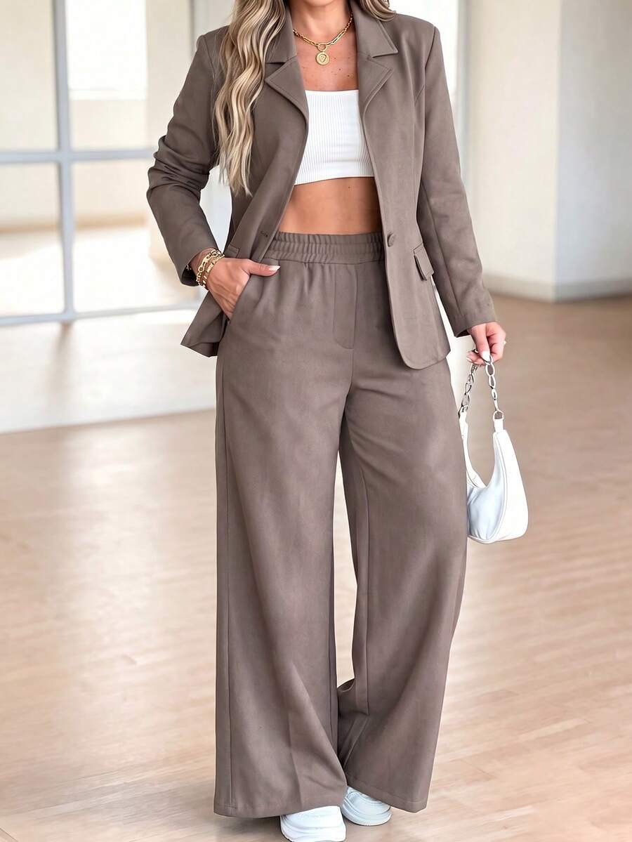 LUNNELUX Women Fall Solid 2 Pieces Lapel Single Button Blazer & High Waist Wide Leg Pants Set, Elegant Office Streetwear 2 Pieces Outfits - Brown - View 1