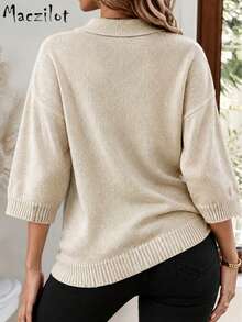Plus Size Women Fall Winter Lapel V-Neck 3/4 Sleeve Pullover Sweater, Elegant Loose Knit Top For Commute & Datee - Beige - View 5