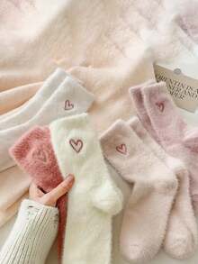 1/5/10 Pairs Thick Warm Winter Women's Pink Heart Pattern Socks - Multicolor - View 1