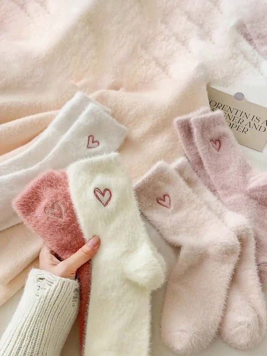 1/5/10 Pairs Thick Warm Winter Women's Pink Heart Pattern Socks - Multicolor - View 1