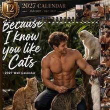 1pc 2027 Large Writable Monthly Calendar, Shirtless Man And Cat Design, Suitable For Home Office, Spiral Bound Wall Calendar, 8.3x8.3 Inch Large Square, Cat Theme, Perfect Gift For Cat Lovers, January To December Date Planner - Multiple Styles - View 1