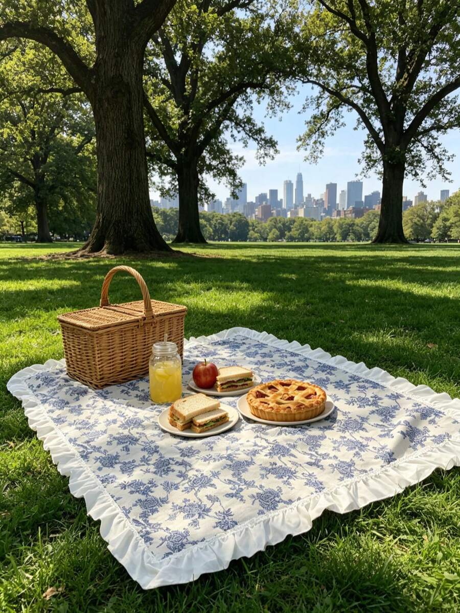 1PC White Base Blue Floral Printed Picnic Blanket With Ruffle Edge, Vintage Cottagecore Style, Soft Lightweight Fabric, Foldable & Portable, Outdoor Mat For Park, Beach, Backyard, Spring Summer Family Picnic Gathering - Ins Style - View 1