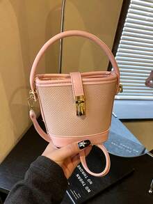 1pc Girls Solid Color PU Zipper Closure Minimalist Bucket Bag, Handheld & Crossbody, Suitable For All Seasons Daily Use - A - View 13