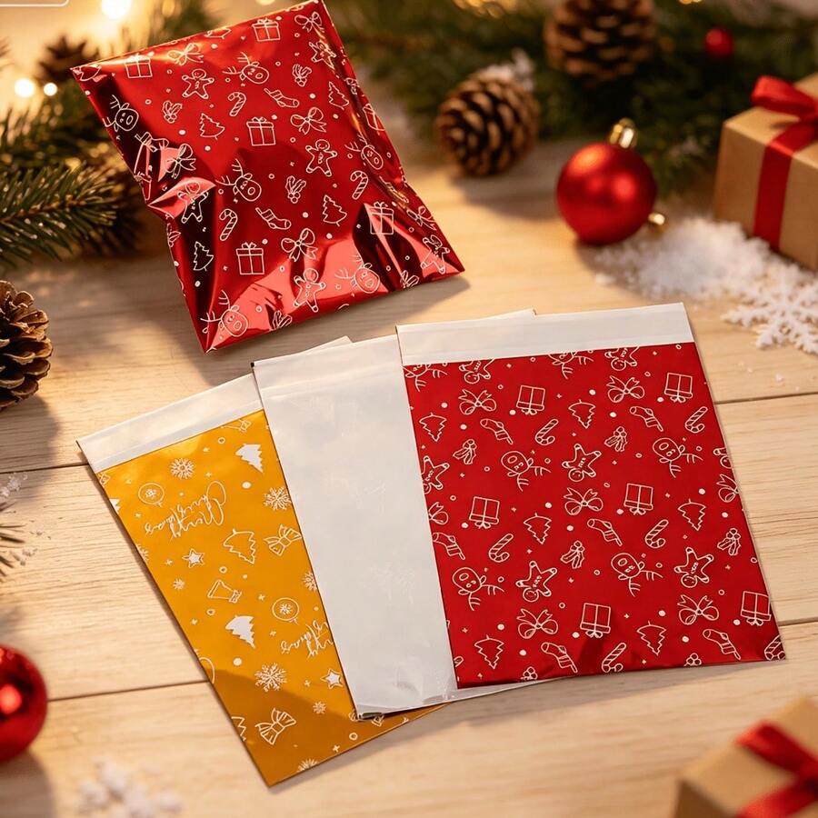 Gift Packaging Bags, 4 Styles Christmas Self-Sealing Laminated Gift Bags, Suitable For Candy, Snacks, Small Gift Packaging, Red, Gold, Blue, Silver Design, Perfect For Christmas Party Atmosphere - Multiple Styles - View 1