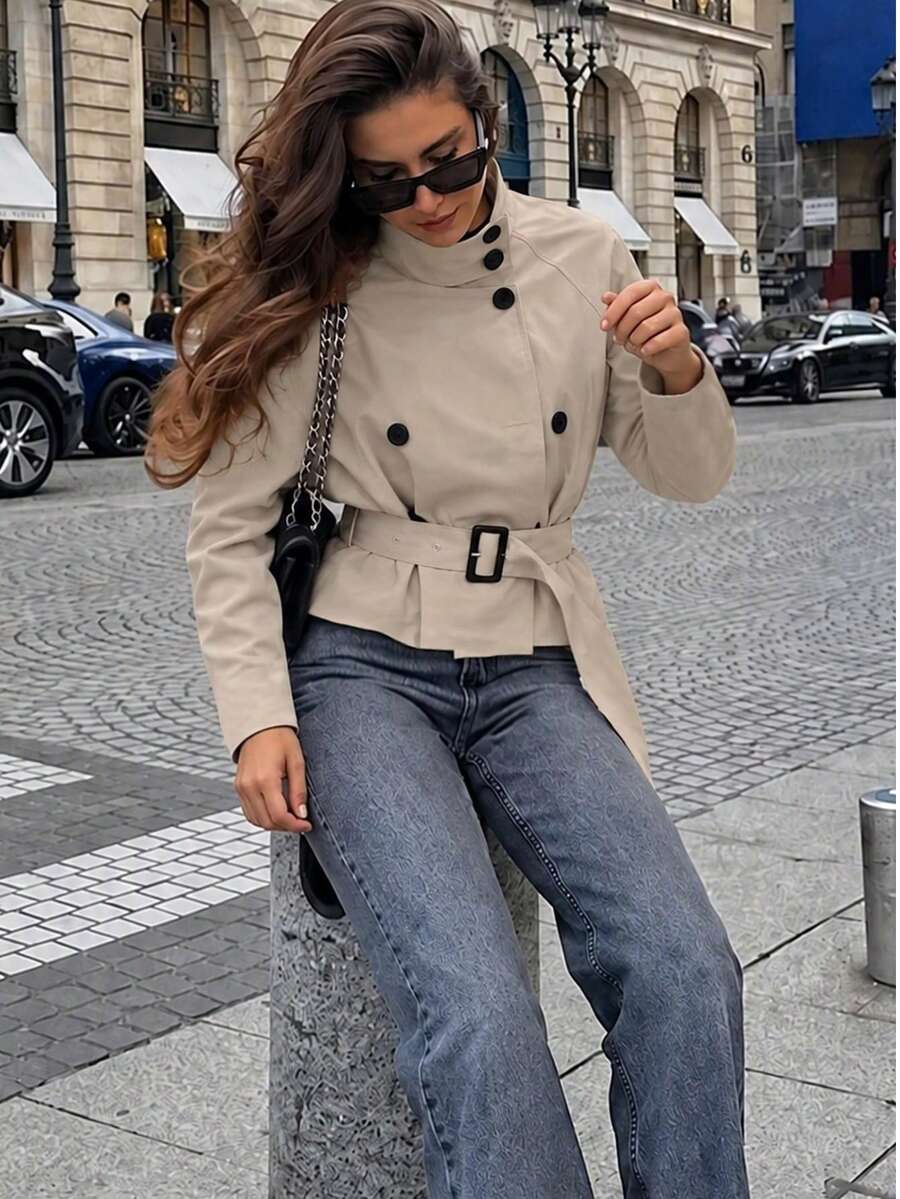 Women's Solid Color Front Button Pocket Belt Trench Coat, Elegant Commute Street Style, Autumn Winter Spring, Quiet Luxury - Khaki - View 1