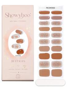 Semi-Cured Gel Nail Strips, 20 Pieces, Caramel Milk Tea Brown Gradient Glitter Nail Stickers, Maillard Warm Autumn Design Self-Adhesive Nail Decals For Daily Commute, Cafe Dates & Weekend Getaways - Mocha Brown - View 7