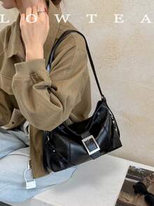 low tea 1 buah Tas Bahu Minimalis Fashion dengan Gesper, Bahan PU, Cocok untuk Bepergian, Berbelanja, dan Lainnya - Hitam - View 13