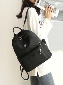 Casual Daypack, Solid Black Nylon Backpack, Adjustable Padded Shoulder Straps, Office Weekend Trip Daily Use, Multi Zipper Pocket Simple Rucksack - Multicolor - View 5