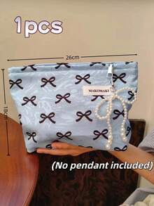 1pc Blue Bow Makeup Bag, Foldable Large Capacity Cosmetic Storage Bag With Smooth Zipper, Portable Personalized Toiletry Bag, Cool Aesthetic Design Storage Bag, Perfect For Autumn/Winter Style, Gift For Girlfriend, Bride, Bridesmaid - Blue Bow - 1pcs (No Pendant) - View 10