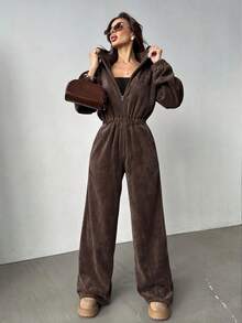 Comfortable Women's Long Sleeve Flannel Jumpsuit With Collar And Zipper, Fashionable Winter Essential - Coffee Brown - View 2