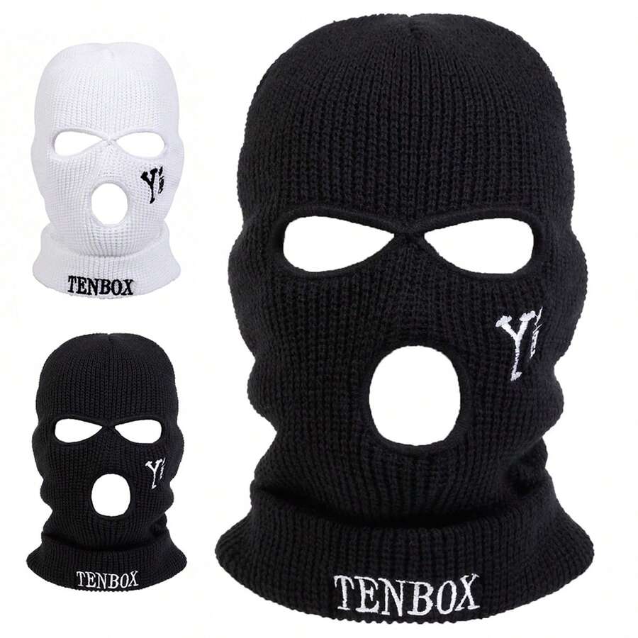 1pc Men's TENBOX Letter Embroidered Knitted Balaclava Hat, Outdoor Casual Hat Suitable For Autumn/Winter Travel, Windproof And Warm - Multicolor - View 1