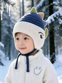 Children's Autumn/Winter Knitted Earflap Hat, Dinosaur Embroidered Wool Hat, Warm Thickened Baby Hat, Cute Cartoon Style - Multicolor - View 6