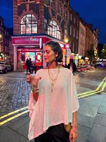 Women's Semi-Sheer Knit Boat Neck 3/4 Sleeve Top, Asymmetrical Hem, Loose Bohemian Style Pullover - White - View 5