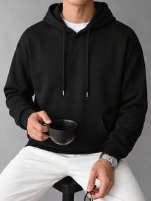 Men's Classic Solid Color Hooded Sweatshirt, Autumn/Winter Outfit Hoodie - Black - View 7