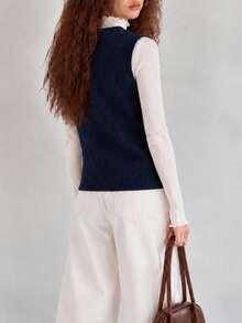 Women's Autumn/Winter Preppy Style V-Neck Argyle Knit Cardigan Vest, Vintage Regular Fit Sleeveless Sweater, Winter Layering Essential - Navy Blue - View 2