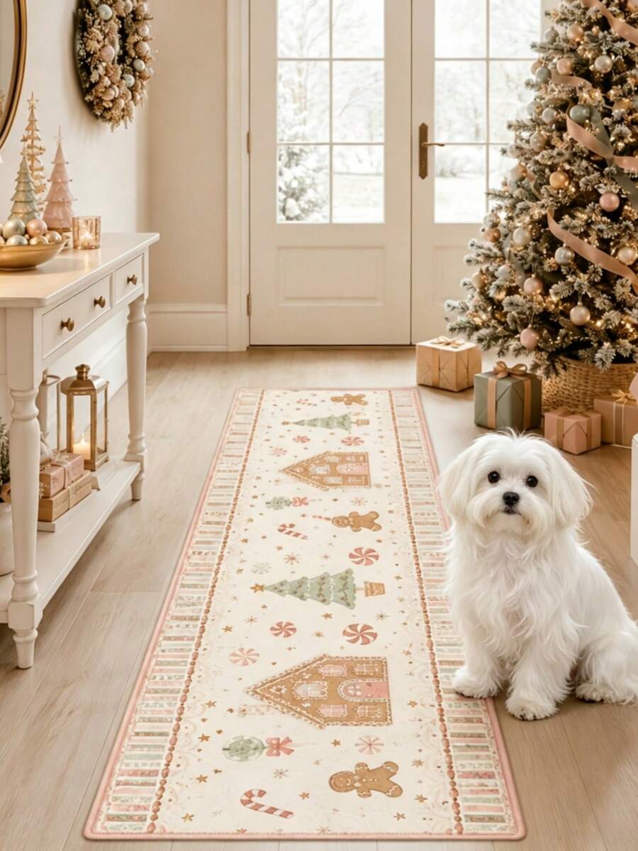 1pc Pink Candy Christmas Runner Rug, Velvet Carpet, Suitable For Room Decor, Indoor Door Mat, Living Room Rug, Kitchen Mat, Bedroom Rug, Bathroom Mat, Washable Carpet, Home Decor, Bedroom Decor, Non-Slip Wear-Resistant, Noise-Reducing Sound-Absorbing, Skin-Friendly Soft - Pink - View 1