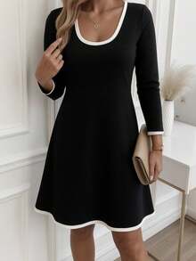 Women's Long-Sleeved Round-Neck Viscose Two-Thread Dress, 30091 - Black - View 1