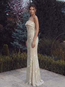 FEELAIR New Strapless Backless Fitted Dress, Heavy Embellished Printed Sequin Evening Gown, Elegant Party And Formal Banquet Dress - Apricot - View 7