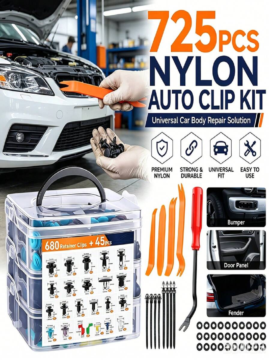 Kit Klip Penahan Plastik Otomotif 725 Buah, Klip Pengikat Rivet Pin Dorong Panel Trim Pintu Bumper Fender Mobil, Termasuk 30 Buah Gasket, 10 Buah Pengikat Kabel, Tuas Pengungkit 6 Inci, Kuning 4 Buah Alat Pembongkaran Mobil Untuk Sebagian Besar Mobil - 1 buah - View 1