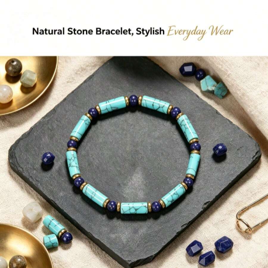 1PC Men Round Beads Turquoise Round Lapis Lazuli Bracelet With Golden Spacer Beads. Natural Stone Stackable Accessory, Perfect Gift For Husband,Dad - Turquoise - View 1