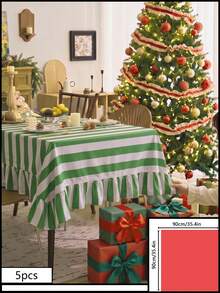 1pc Green And White Classic Wide Striped Tablecloth, Traditional Country Style, Rectangular With Scalloped Edge And Pleated Details, Stain-Resistant Protective Table Cover, Suitable For Christmas, Family Gatherings And Winter Holiday Dining Room Decor - Green - View 20