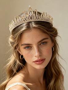 1pc Luxury Gold Rhinestone Crown Hair Accessory For Women, Banquet Wedding Princess Tiara, Sparkling Crystal Metal Texture Bridal Headpiece - Multicolor - View 1