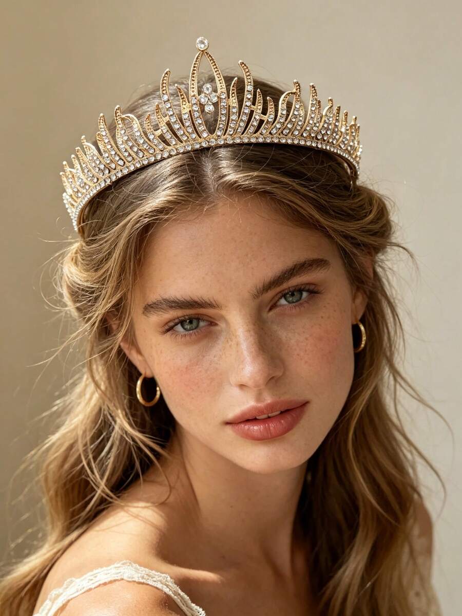 1pc Luxury Gold Rhinestone Crown Hair Accessory For Women, Banquet Wedding Princess Tiara, Sparkling Crystal Metal Texture Bridal Headpiece - Multicolor - View 1