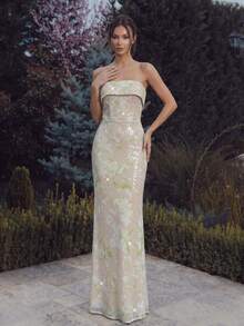 FEELAIR New Strapless Backless Fitted Dress, Heavy Embellished Printed Sequin Evening Gown, Elegant Party And Formal Banquet Dress - Apricot - View 1