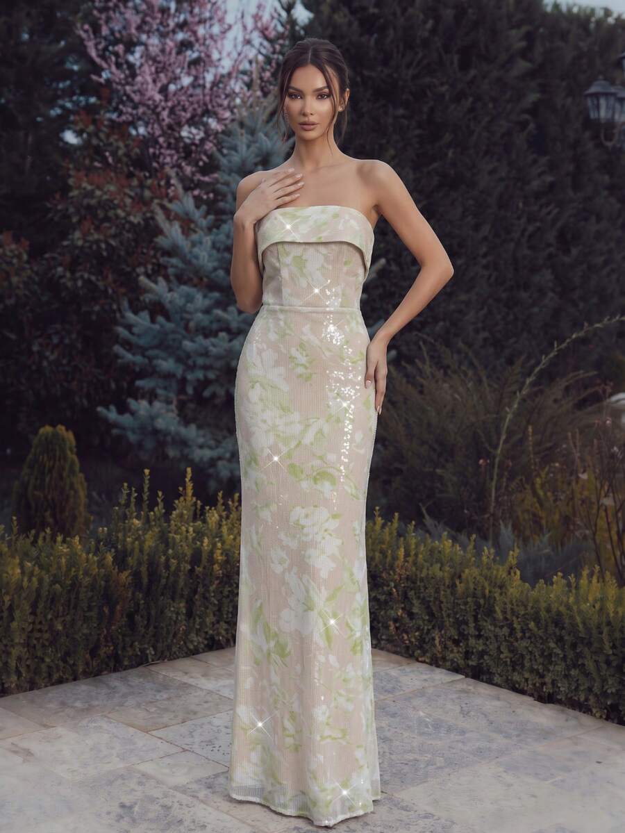 FEELAIR New Strapless Backless Fitted Dress, Heavy Embellished Printed Sequin Evening Gown, Elegant Party And Formal Banquet Dress - Apricot - View 1