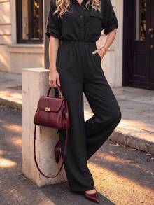 Women Fall Collared Button Front Jumpsuit, Roll‑Tab Sleeve Elastic High Waist Wide Leg One‑Piece Pants - Black - View 8