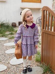 Girls' Autumn Floral Velvet Collar Long Sleeve Casual Flowy Wide Hem Floral Cotton Dress - Lilac Purple - View 7
