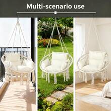 Hamaca Colgante de Cuerda Blanca 208x102 cm| Silla Colgante Circular de Macramé con Cojines Incluidos para Recámara Porche y Balcón| Resistente hasta 330 Libras con Diseño Bohemio| Fácil de Colgar - Blanco - Ver 3
