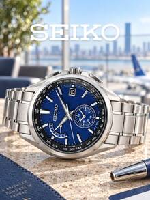 Men's SEIKO Quartz Watch, Brushed Stainless Steel Band, Vertical Texture Blue Dial, 24H Subdial & Date Calendar For Travel Wear Multi-Time Zone Watch - Silver - View 5