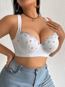 mimilemon Plus Size Women's Underwire Push-Up Bra, Decorated With Floral Embroidery And Lace - Side Support, Shaping And Anti-Sagging, Skin-Friendly Fabric, Sexy And Fashionable - White - View 9