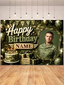 Customizable Name & Photo Camouflage Theme Happy Birthday Backdrop, Camo Balloons, Camo Cake, Gift Box, Party Hat Decor, Suitable For Birthday Party, Military Fan Birthday, Military Theme Party Photography Banner Vinyl Backdrop - Green - View 3