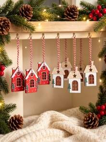 8pcs Christmas Wooden Hanging Ornaments, Small House Shaped Tree Decorations, Rustic Style Holiday Tabletop And Wreath Decor, Exquisite Seasonal Gift, Suitable For Plush Doll Collection, Great Choice For Winter Home Decor - Multicolor - View 4