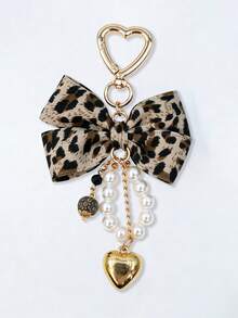 1pc Y2K Leopard Print Bow Heart Pendant Faux Pearl Keychain, Leopard Print Bow Women's Bag Charm, Leopard Print Bow Key Chain Key Ring, Fabric Ribbon Bow Pearl Beaded Heart Tassel Key Chain, Beautiful Car Key Chain And Wallet Accessory, Backpack Hanging Chain, Wallet Charm Accessory, Bag Accessory, Christmas Gift - Multicolor - View 10