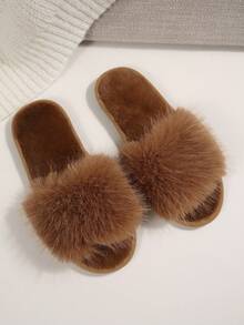 Spring Autumn Winter New Women's Faux Fur Open Toe Slippers, Fluffy Soft Plush Flat One-Strap Slides, Comfortable Warm Indoor Home Slippers - Brown - View 3