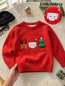 Sweater Leher Bulat Bordir Santa Claus Natal untuk Anak Laki-laki, Lengan Panjang, Cocok untuk Musim Gugur & Musim Dingin - Merah - View 2
