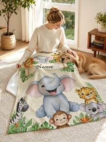 1pc Customizable Name Jungle Animal Blanket, Elephant Lion Zebra Monkey Koala Pattern, Soft Flannel Throw Blanket, Suitable For Home Sofa Decor, Deer Blanket, Floral Blanket, Personalized Gift, Personalized Souvenir Gift, All-Season Sofa Nap Throw Blanket, Great Gift For Commemoration - Style 1 - View 4