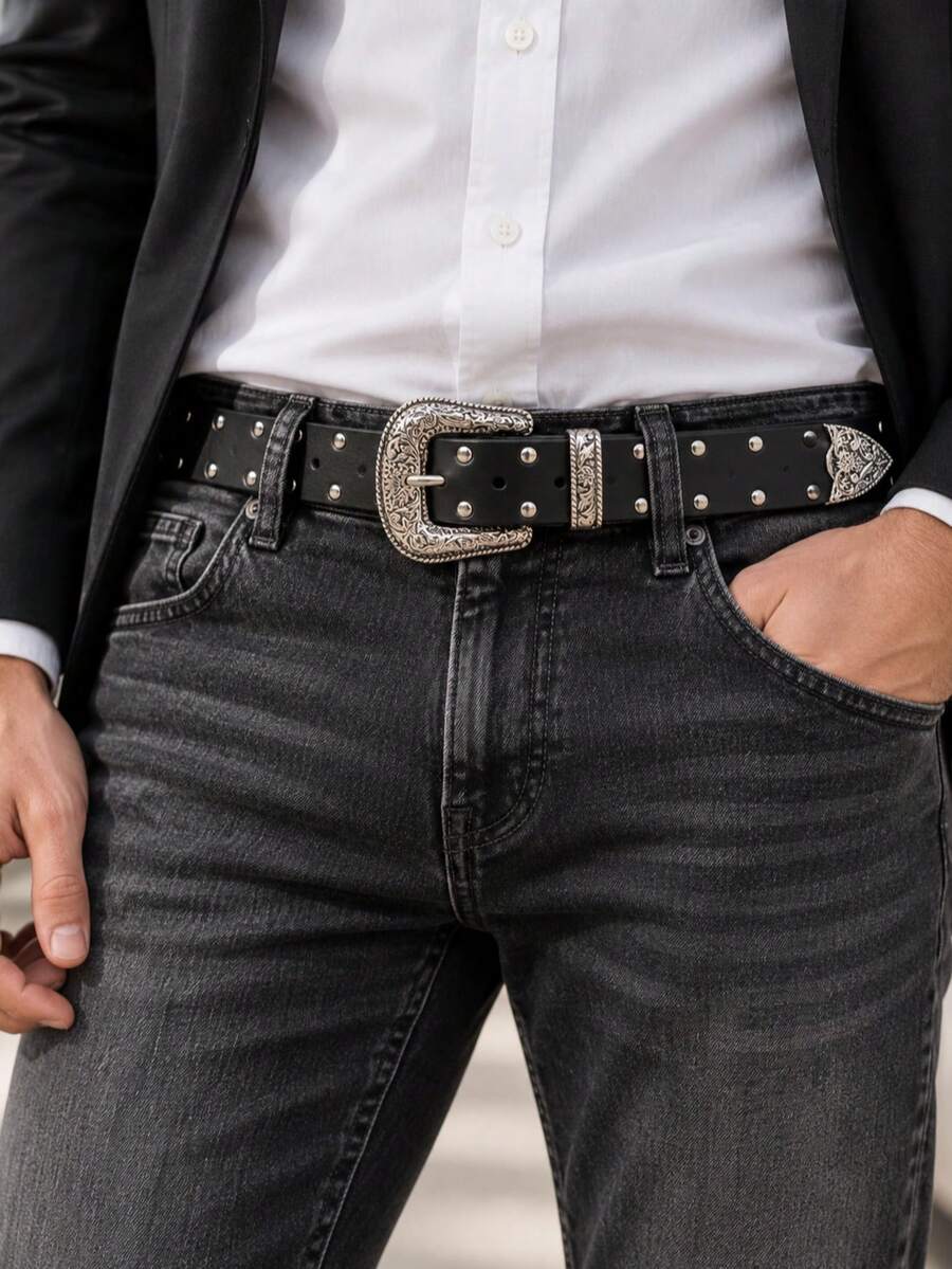 Vintage Carved Buckle Belt Rivet Punk Belt Unisex - Round Rivets - View 1