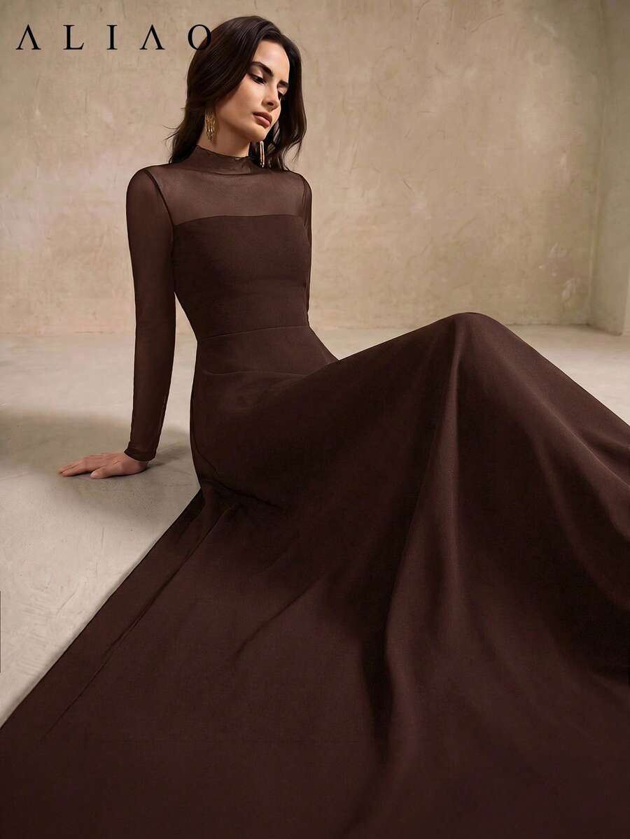 فستان ماكسي أسود شفاف من الشبك بتصميم A-Line على الطراز الفرنسي الكلاسيكي الملكي للربيع/الخريف، فستان سهرة أنيق لحفلات الزفاف والمناسبات الرسمية