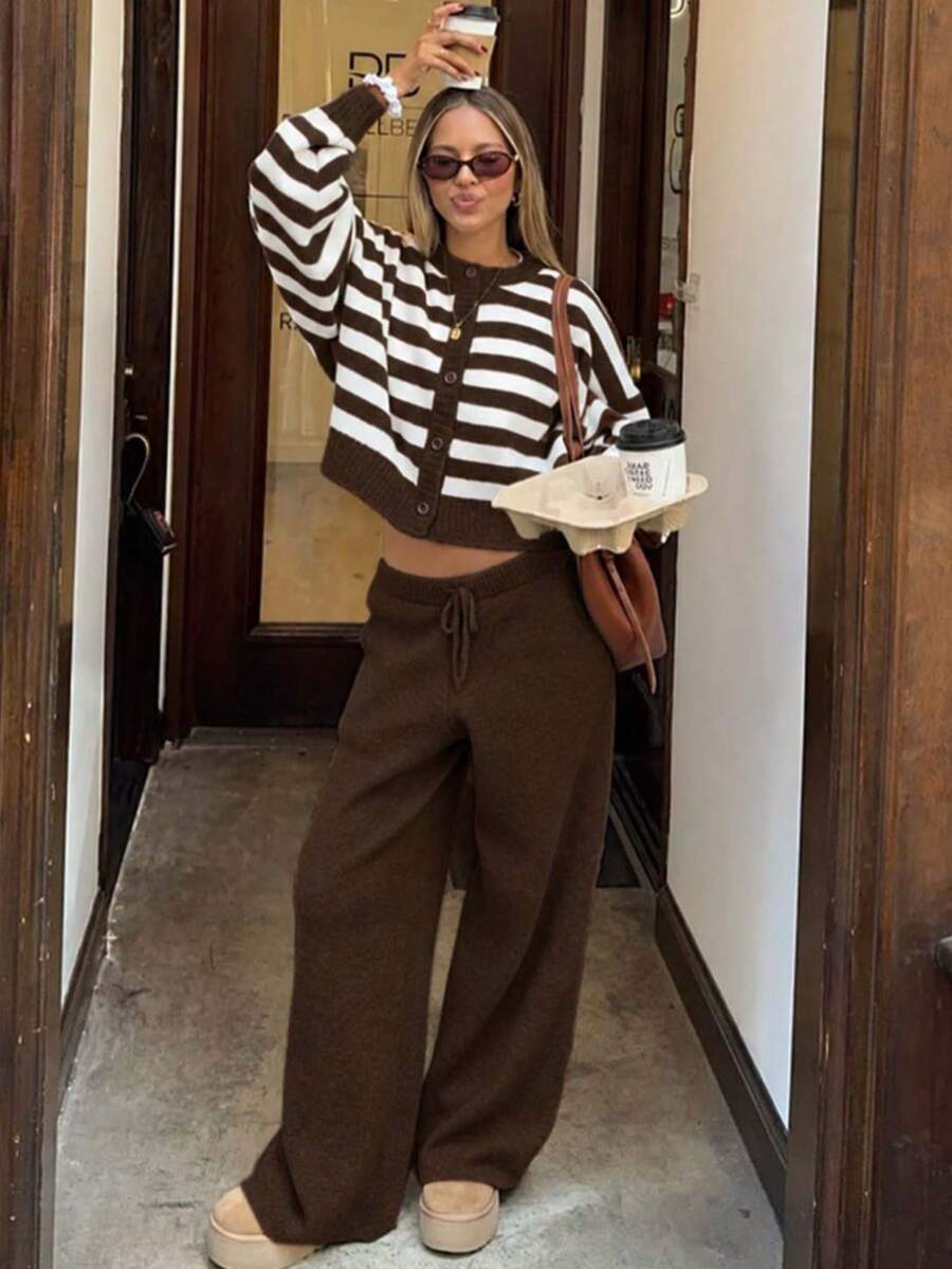 Senya Casual Fashion Striped Crew Neck Single-Breasted Cardigan And Straight Leg Pants Set, Exquisite Urban Commute Knit Two Pieces Set